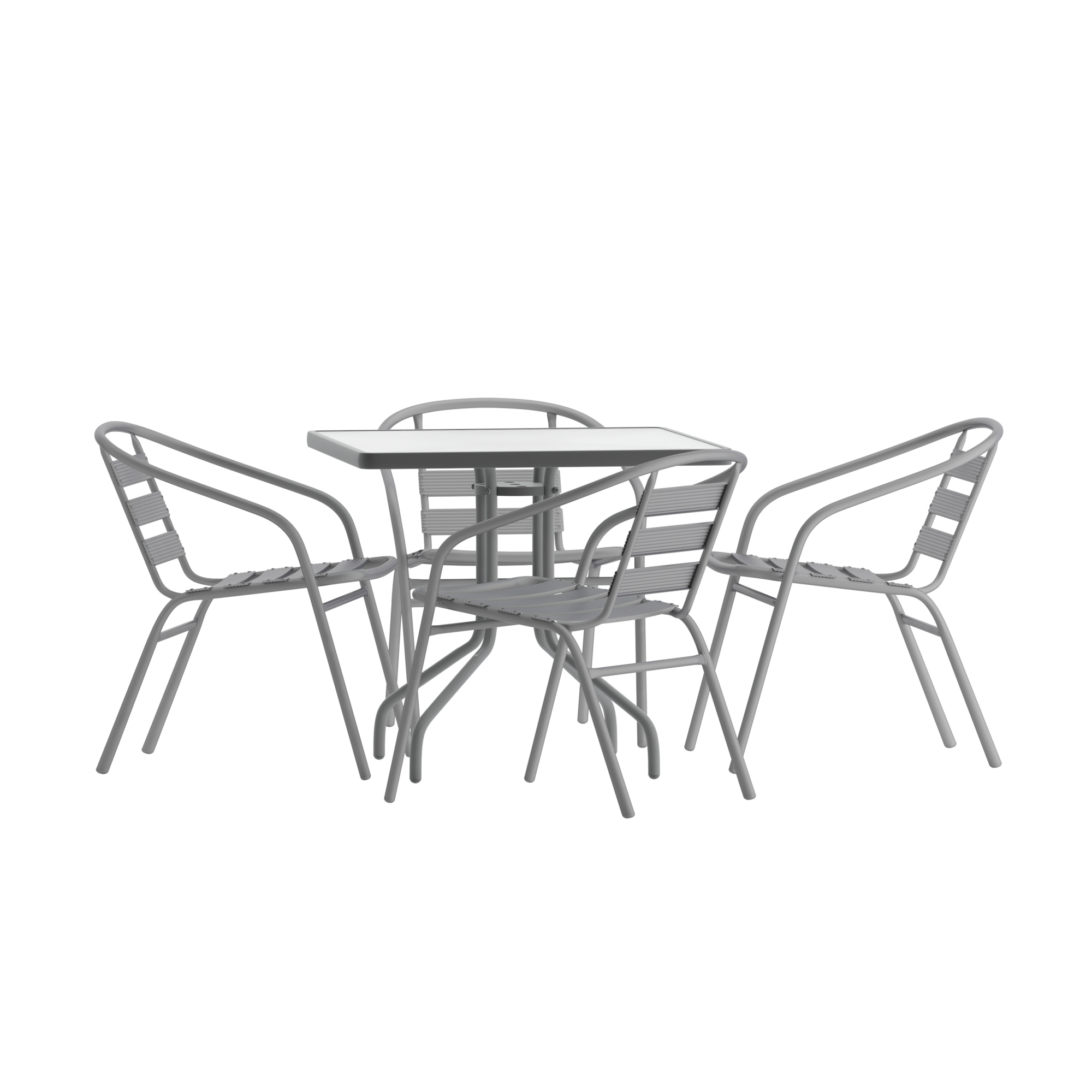 Flash Furniture, 31.5in. SQ Glass Table - 4 Silver Slat Back Chairs, Pieces (qty.) 5 Primary Color Gray, Seating Capacity 4 Model# TH0732SQ017CSV4